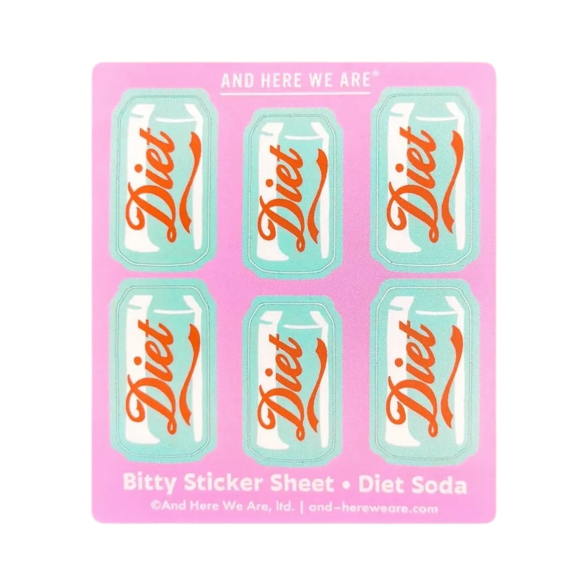 Diet Soda Bitty Sticker Sheet of 6 die cut waterproof vinyl soda can stickers by And Here We Are, sheet 3.25 x 3.75 inches