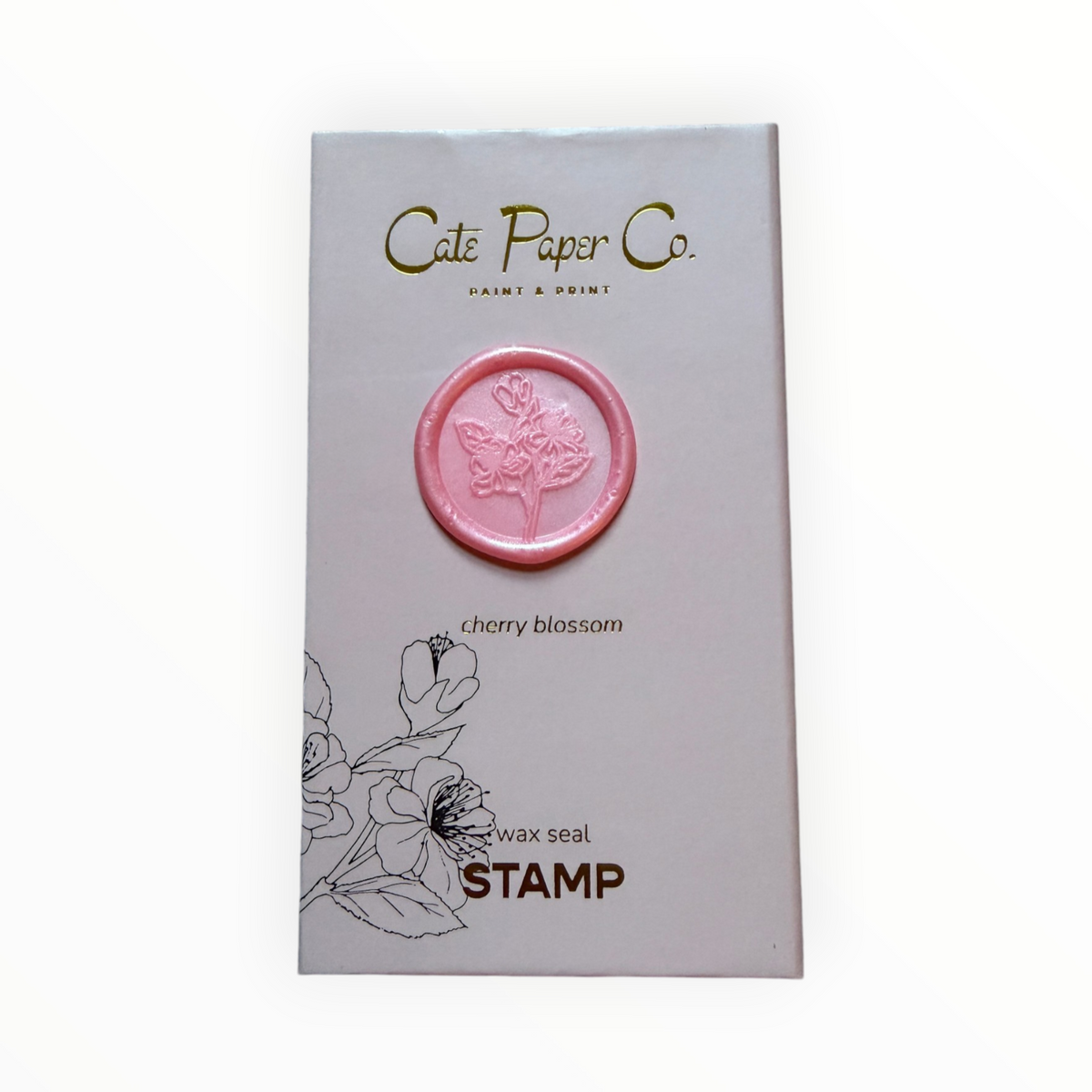 Cate Paper Co. Cherry Blossom wax seal stamp set closed box with cherry blossom motif