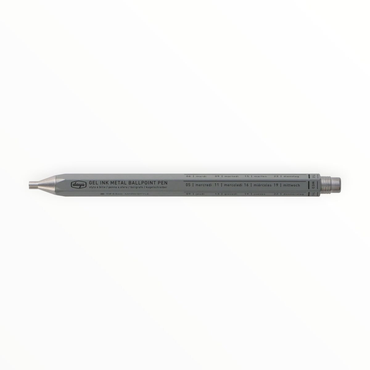 Mark'style Gray Metal Gel Ballpoint Pen by MARK'S Inc., hexagonal retro design, days of the week in five languages, 0.5mm zirconia ball tip, black gel ink, made in Japan