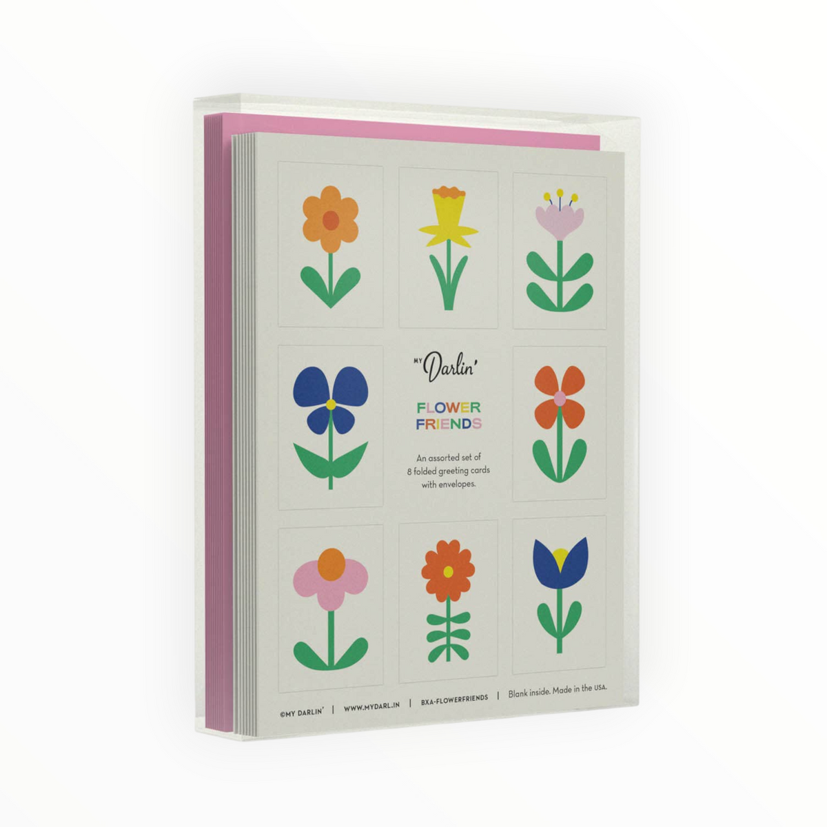 A boxed art set titled "Dustin Flower Friends" shown standing upright against a plain white background. The package contains a set of floral painting cards with a light gray cover featuring nine colorful flower illustrations, and pink inner cardstock or backing is visible along the left side.