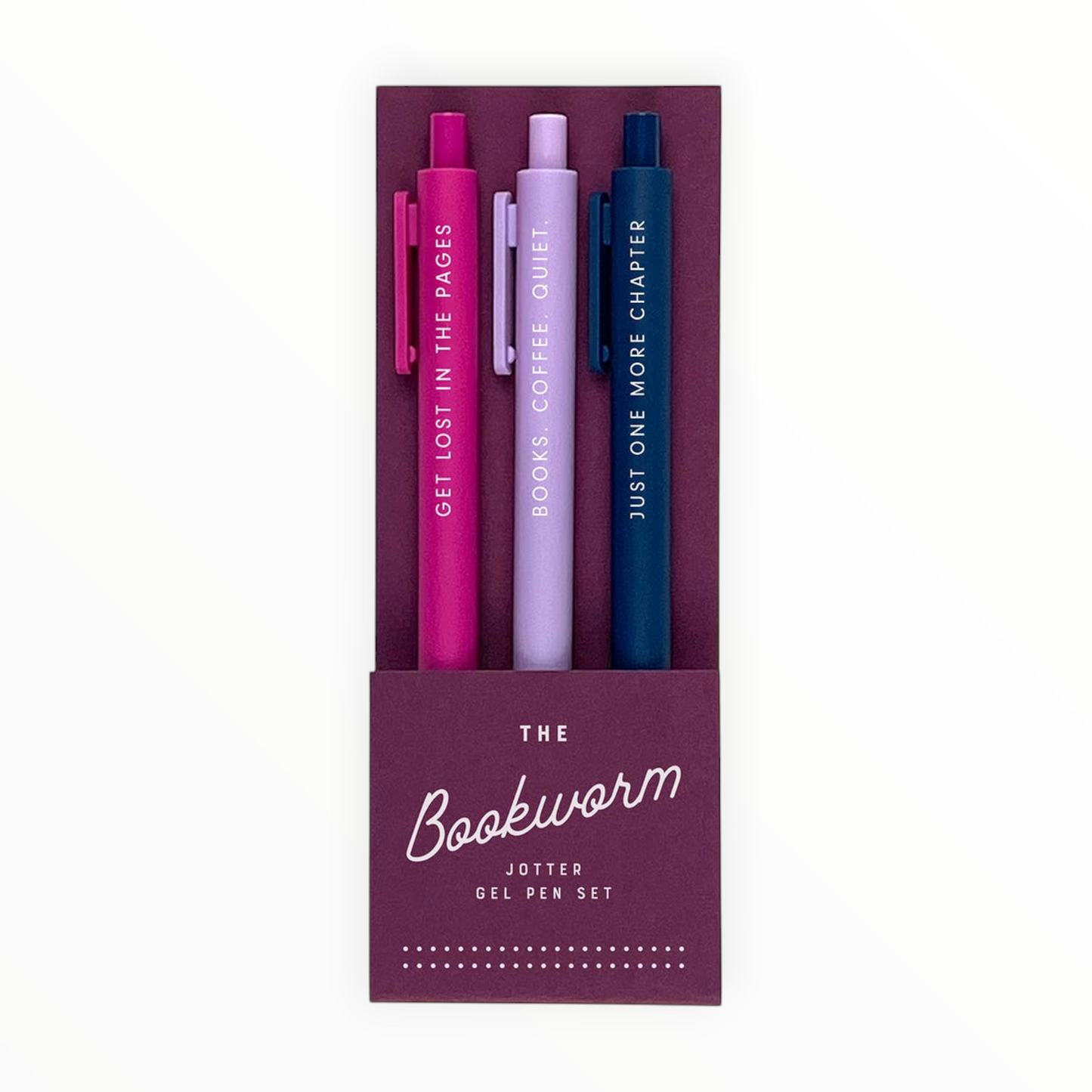 The Bookworm Jotter Gel Pen Set of 3 by Ruff House Print Shop, pink lilac and navy pens with matching ink, Get Lost In The Pages Books Coffee Quiet Just One More Chapter, Lawrence KS