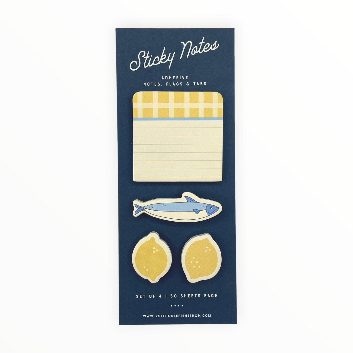Lemon Gingham Sticky Note Set with page flags and tabs by Ruff House Print Shop, set of 4 pads, 50 sheets each, 200 sheets total, Lawrence KS