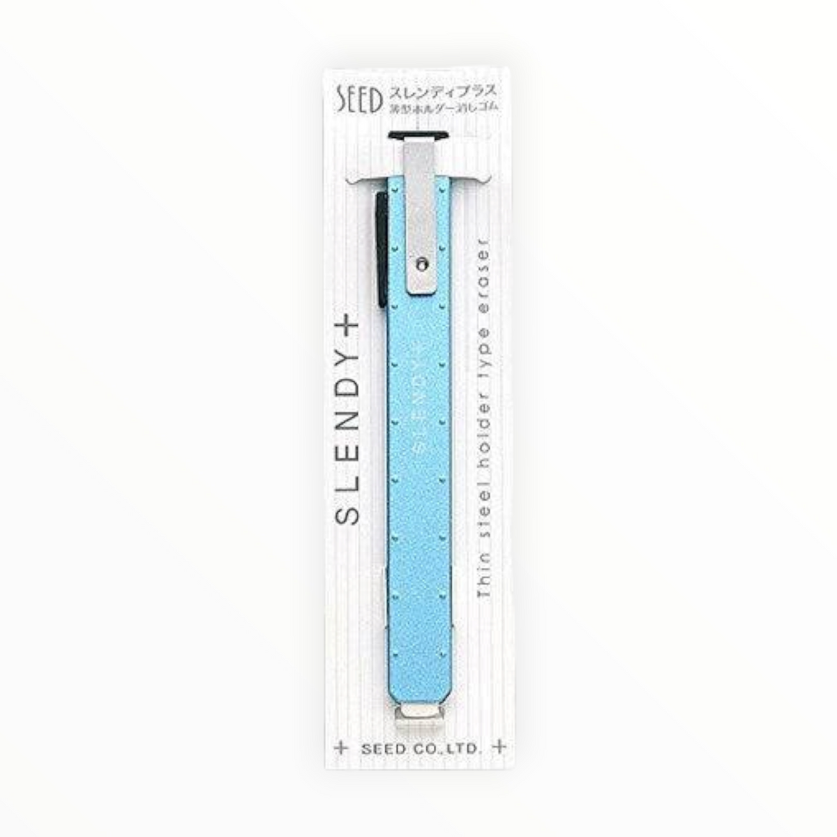 A light blue retractable pen with a dotted pattern, packaged in a white cardboard sleeve labeled 'SEED SLENDY+' on a plain white background.