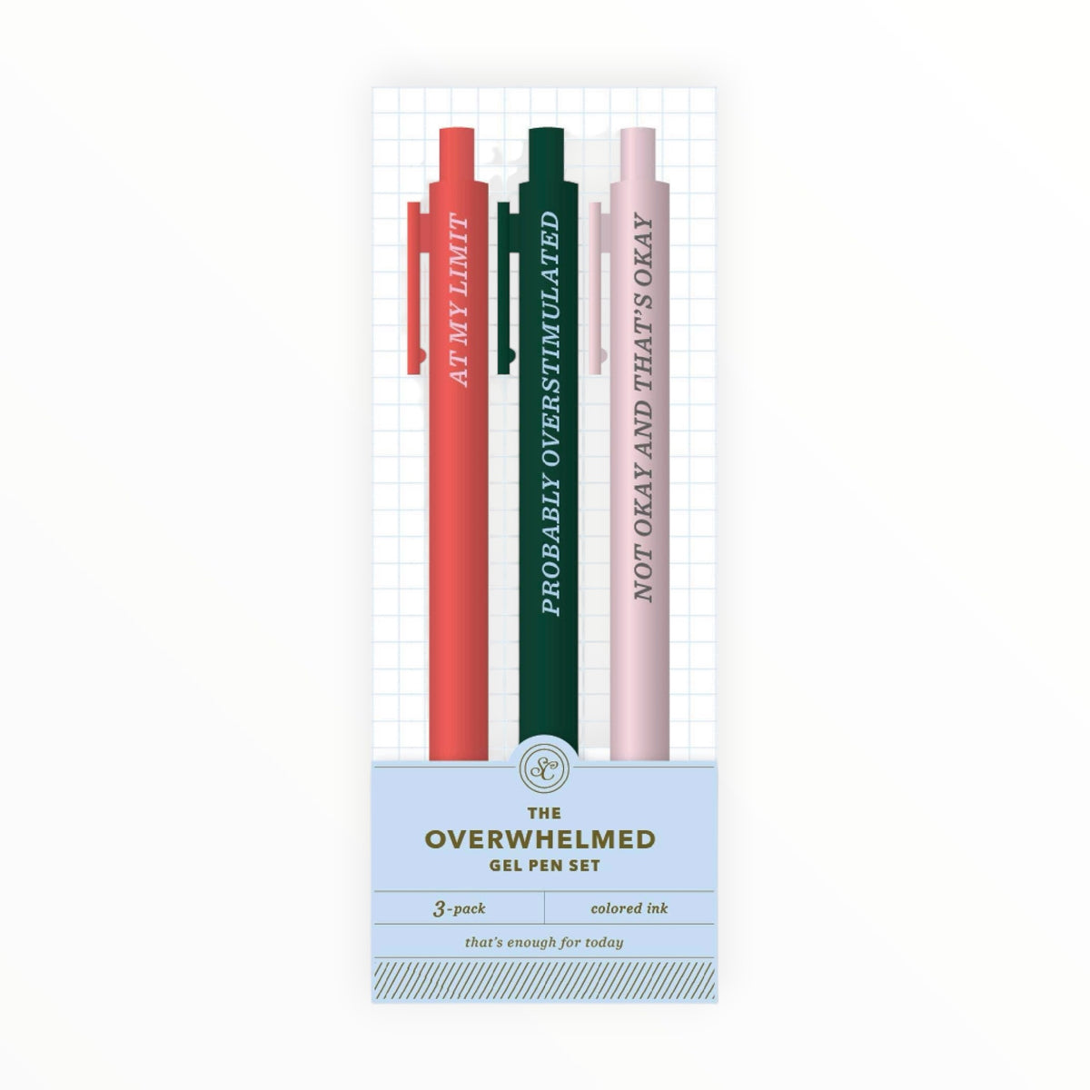 The Overwhelmed Gel Pen Set by Studio Calico, 3 pack 0.5mm gel pens, coral dark green and pale pink ink