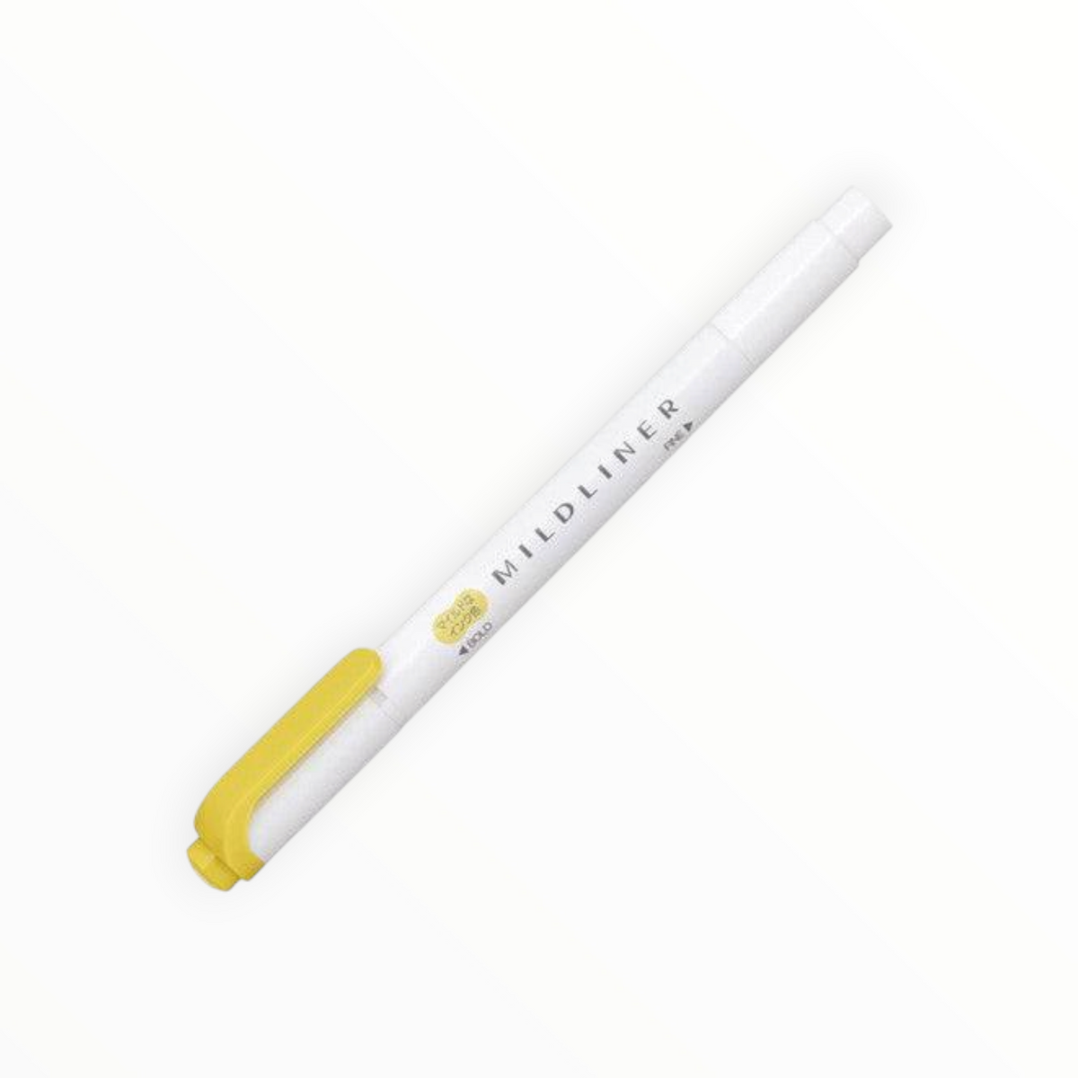 A white dual-tip pen with a yellow cap and yellow accent details, featuring the brand name 'MILDLINER' printed on the barrel, set against a plain white background.