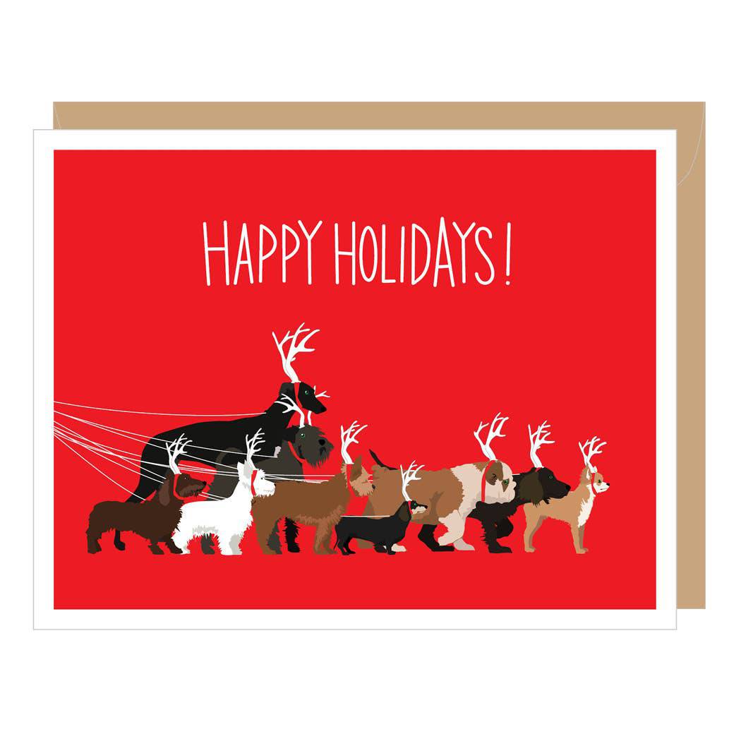 Holiday Dog Walk Christmas card by Apartment 2 Cards, reindeer dogs pulling a sleigh, blank interior, 4.25 x 5.5 inches, kraft envelope