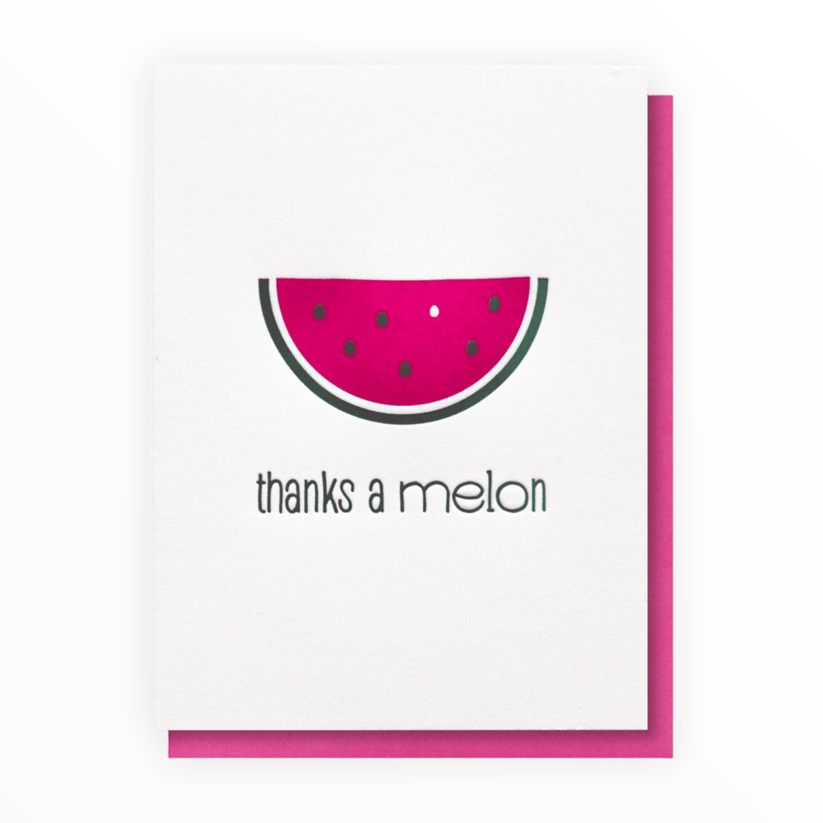 Thanks a Melon letterpress thank you card by Kiss and Punch, black and hot pink design, razzleberry envelope, 5.5 x 4 inches