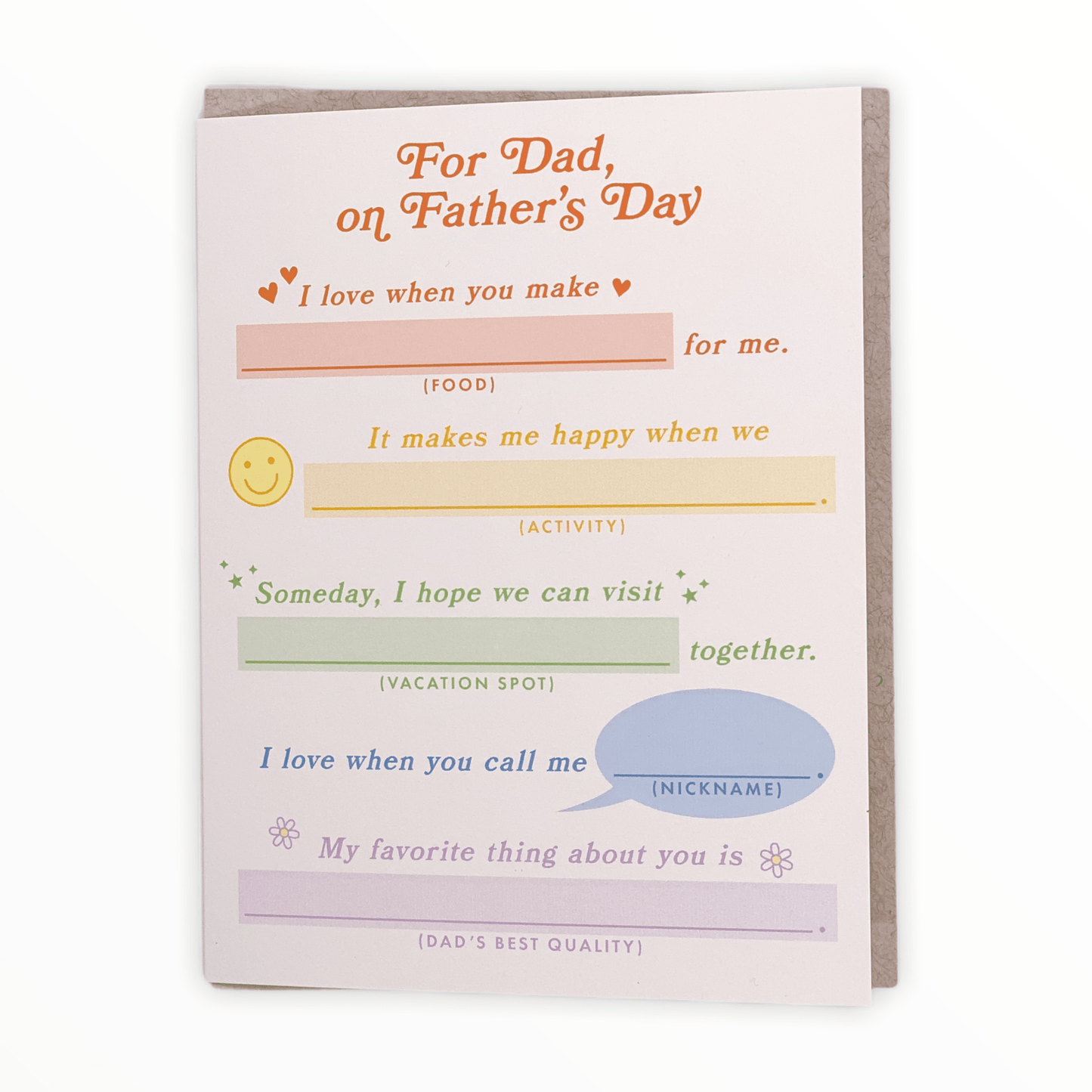 Dad Mad Libs Father's Day card by Knot & Bow, fill-in-the-blank, recycled kraft envelope, 4.25 x 5.5 inches