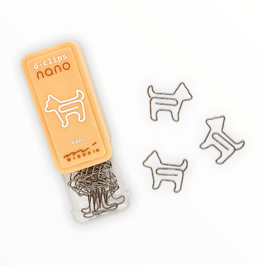 D-Clips Nano dog-shaped paperclips by Midori, peach sliding case