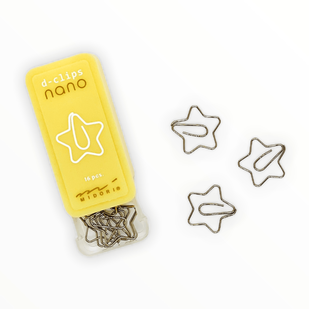 D-Clips Nano star-shaped paperclips by Midori, yellow sliding case