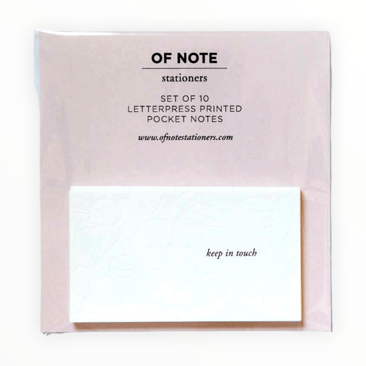 Keep In Touch Pocket Notes by Of Note Stationers, embossed floral pattern, set of 10, business card size, 3.5 x 2 inches, made in Somerville MA