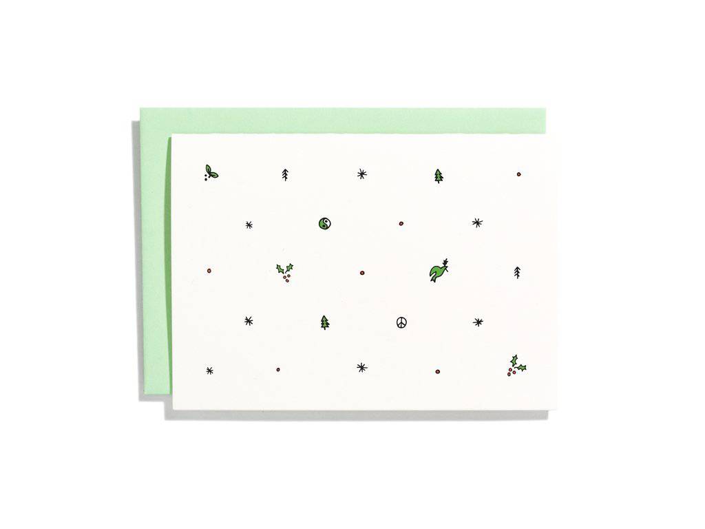 Holiday Pattern Notecard Box Set by Shorthand Press, letterpress Christmas trees mistletoe and peace, 6 folded cards blank inside, mint green envelopes, 3.5 x 5 inches