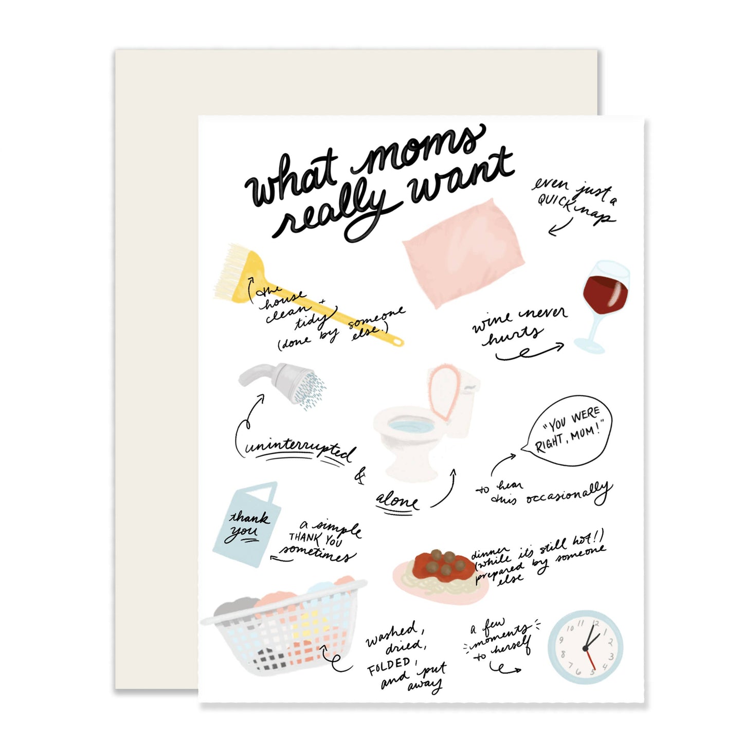 What Moms Really Want Mother's Day card by Slightly Stationery, blank interior, cream-colored envelope, 4.25 x 5.5 inches