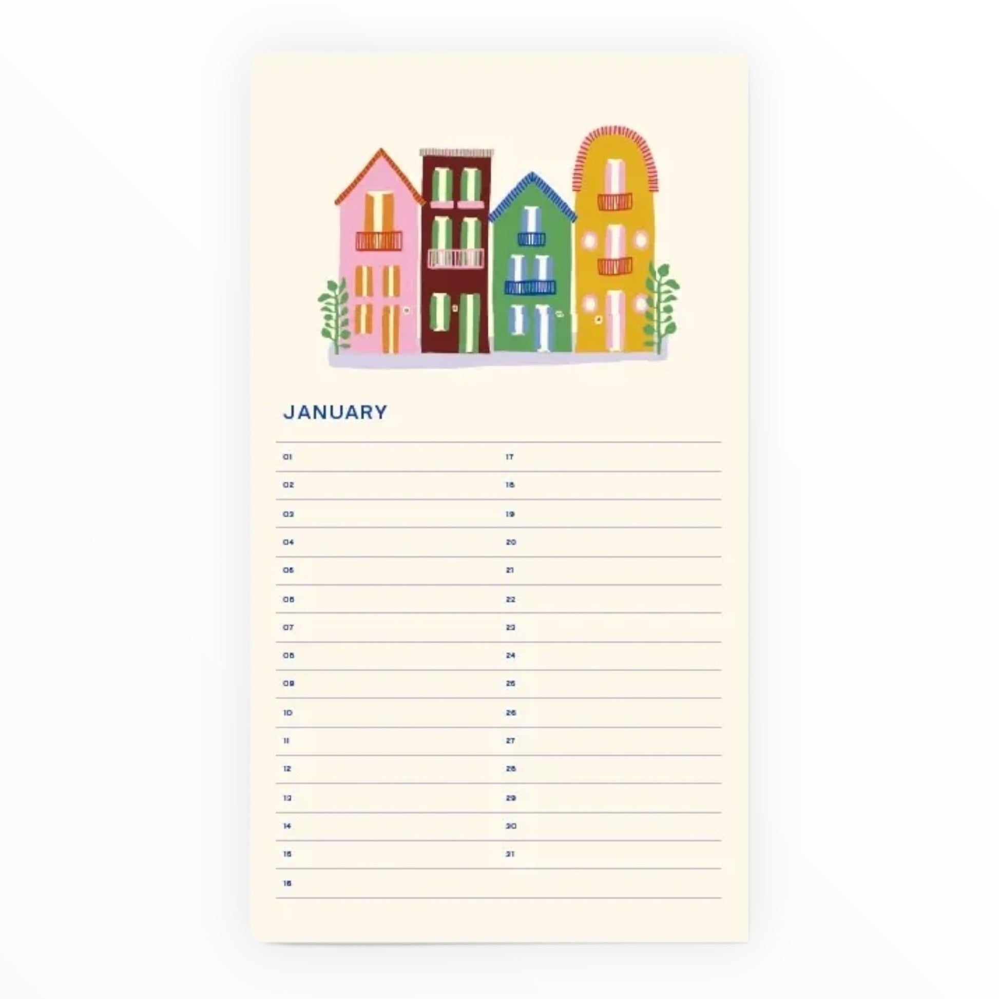 A-Journal Stationery birthday calendar open spread showing monthly layout
