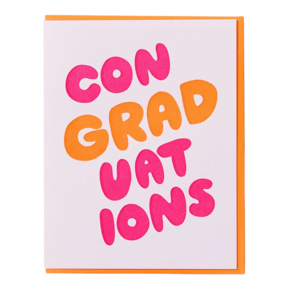 ConGRADuations funny graduation letterpress card by And Here We Are, 4.25 x 5.5 inches, fluorescent orange envelope