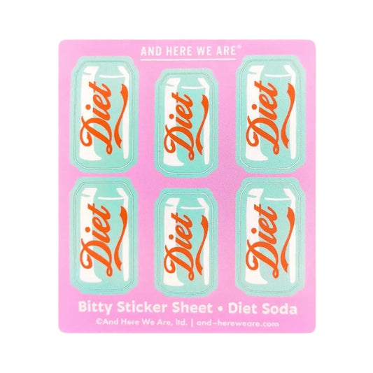 Diet Soda Bitty Sticker Sheet of 6 die cut waterproof vinyl soda can stickers by And Here We Are, sheet 3.25 x 3.75 inches