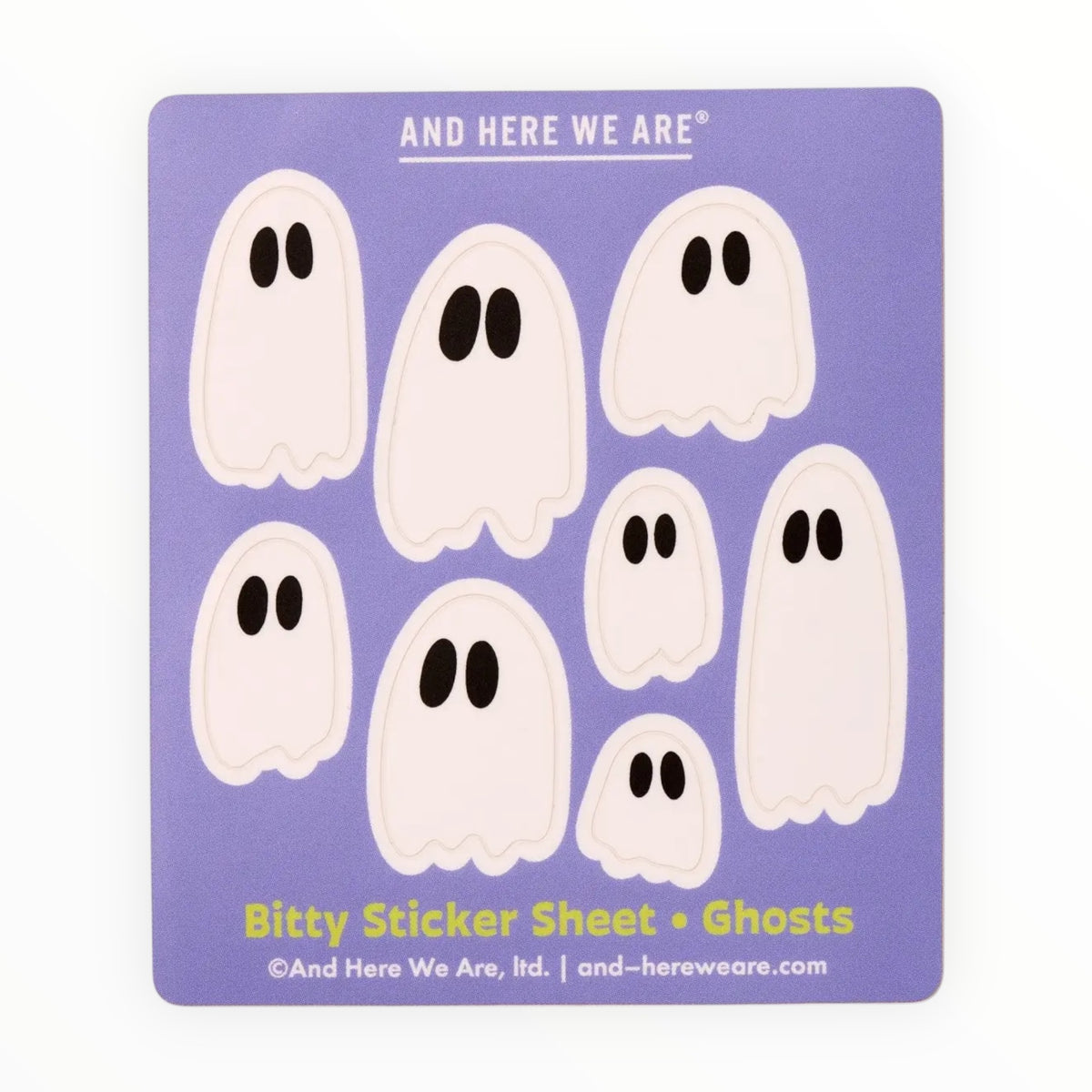 Ghosts Bitty Sticker Sheet of 8 die cut waterproof vinyl ghost stickers by And Here We Are, sheet 3.25 x 3.75 inches