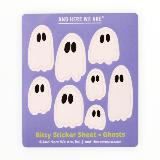 Ghosts Bitty Sticker Sheet of 8 die cut waterproof vinyl ghost stickers by And Here We Are, sheet 3.25 x 3.75 inches