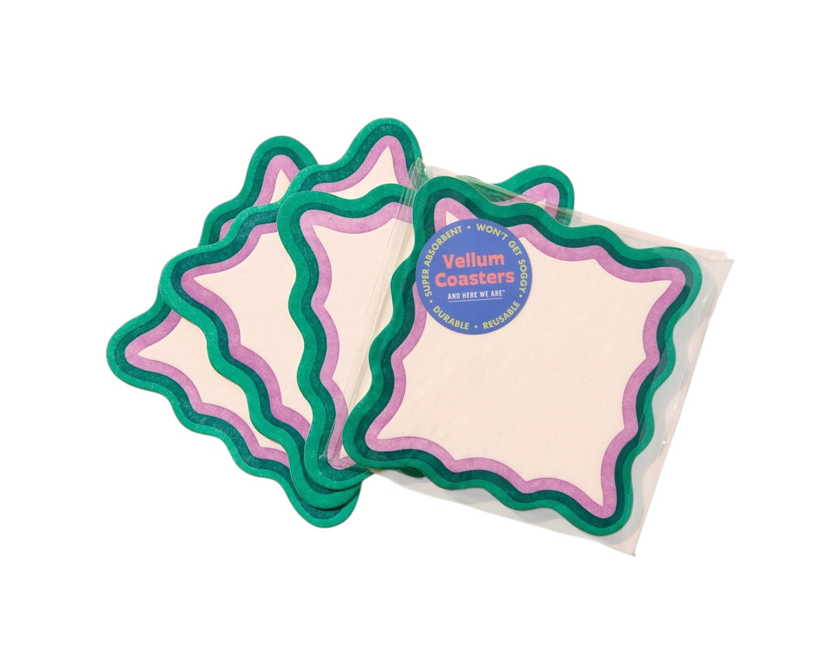 Set of 4 letterpress vellum coasters by And Here We Are, hunter green and lilac border, die cut wavy edge, 3.875 inches square