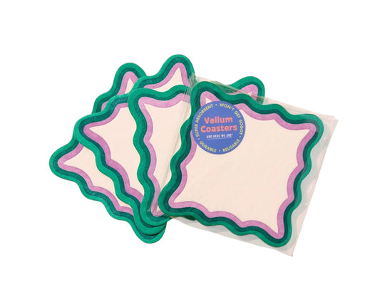 Set of 4 letterpress vellum coasters by And Here We Are, hunter green and lilac border, die cut wavy edge, 3.875 inches square