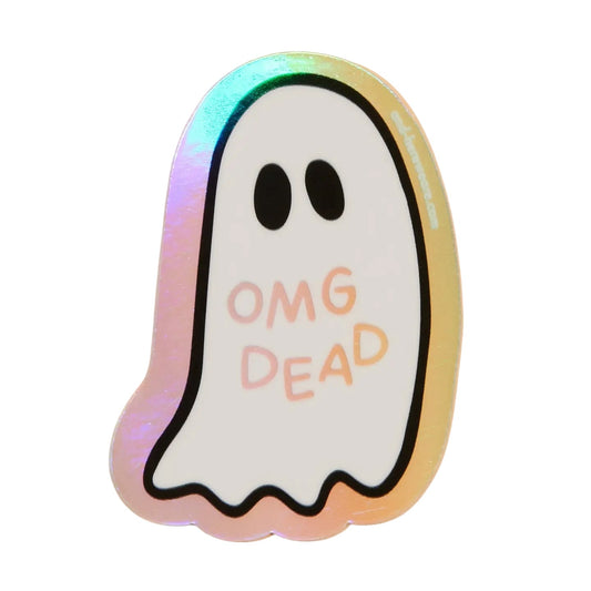 OMG Dead holographic die cut waterproof vinyl sticker by And Here We Are, approximately 3 inches, Columbus Ohio