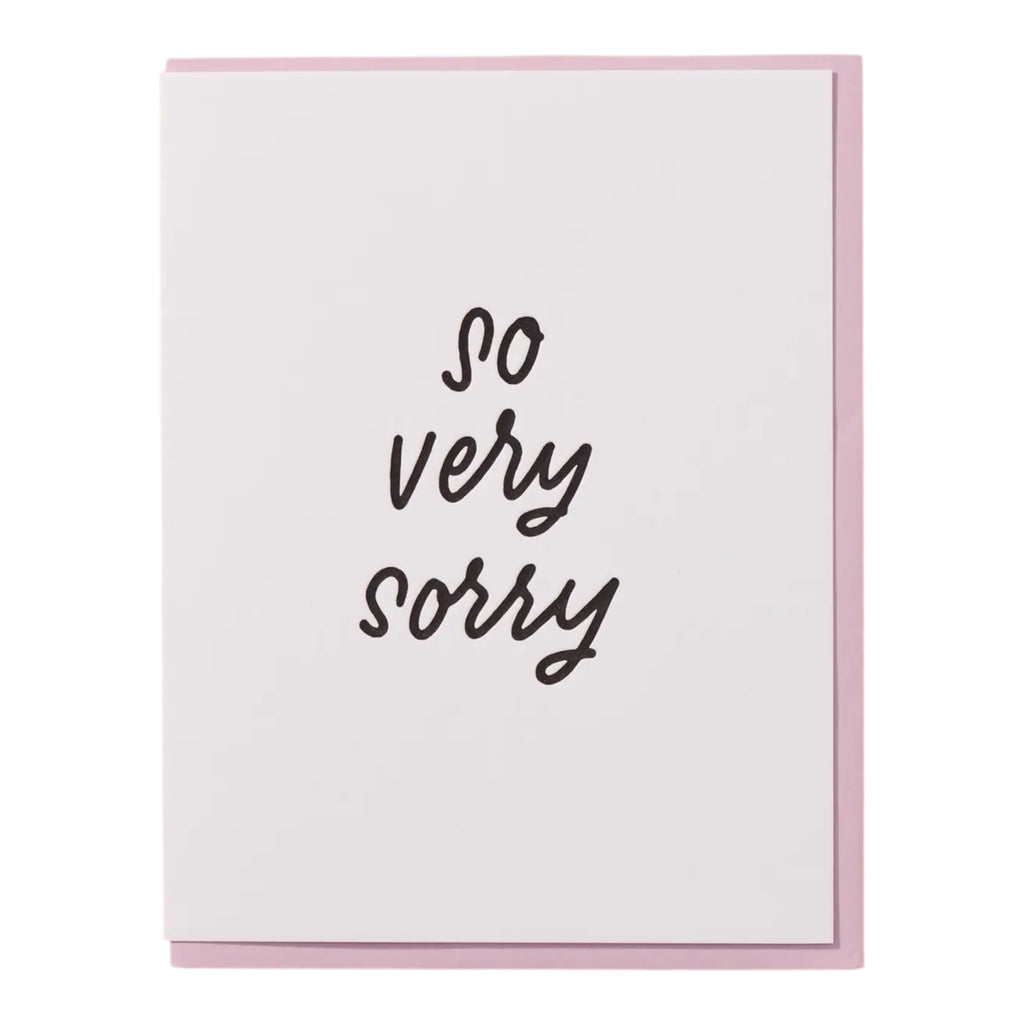 o Very Sorry sympathy letterpress greeting card by And Here We Are, 4.25 x 5.5 inches, purple envelope