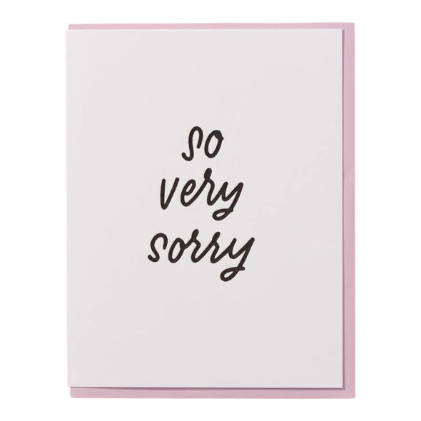 o Very Sorry sympathy letterpress greeting card by And Here We Are, 4.25 x 5.5 inches, purple envelope