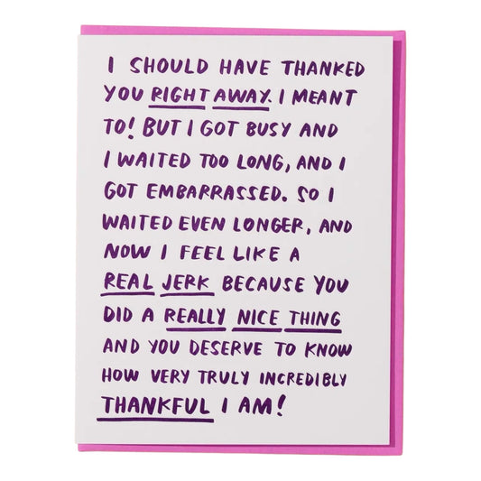 Thank You Belated Ramble letterpress card by And Here We Are, blank interior, hot pink envelope, 4.25 x 5.5 inches, made in Columbus Ohio