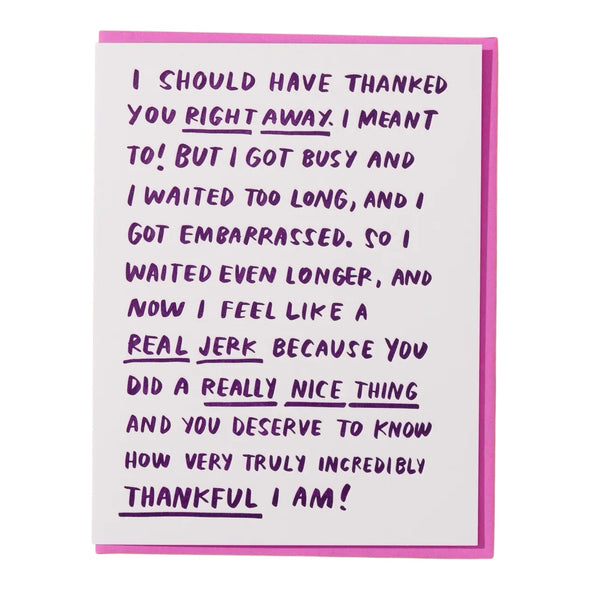 Thinking of You Ramble letterpress greeting card by And Here We Are, 4.25 x 5.5 inches, hot pink envelope
