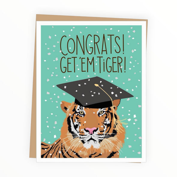Get 'Em Tiger graduation congratulations card by Apartment 2 Cards, "Congrats get 'em tiger!", 4.25 x 5.5 inches, kraft envelope