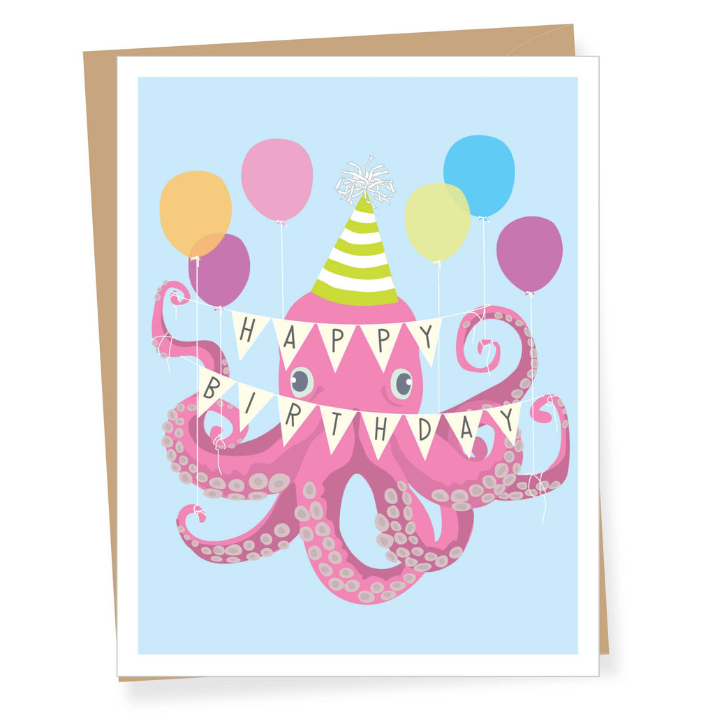 Party Octopus birthday card by Apartment 2 Cards, "Happy birthday let's party it up!", blank interior, 4.25 x 5.5 inches, kraft envelope