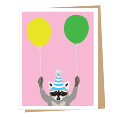 Raccoon with balloons birthday card by Apartment 2 Cards, "Cheers to an awesome birthday!", 4.25 x 5.5 inches, kraft envelope