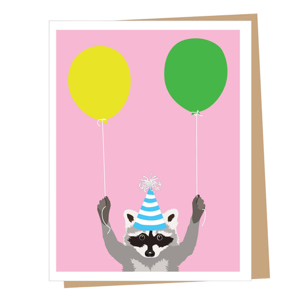 Raccoon with balloons birthday card by Apartment 2 Cards, "Cheers to an awesome birthday!", 4.25 x 5.5 inches, kraft envelope