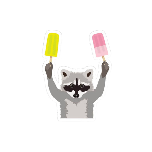 Raccoon with paletas vinyl sticker by Apartment 2 Cards, 2.25 x 2.95 inches