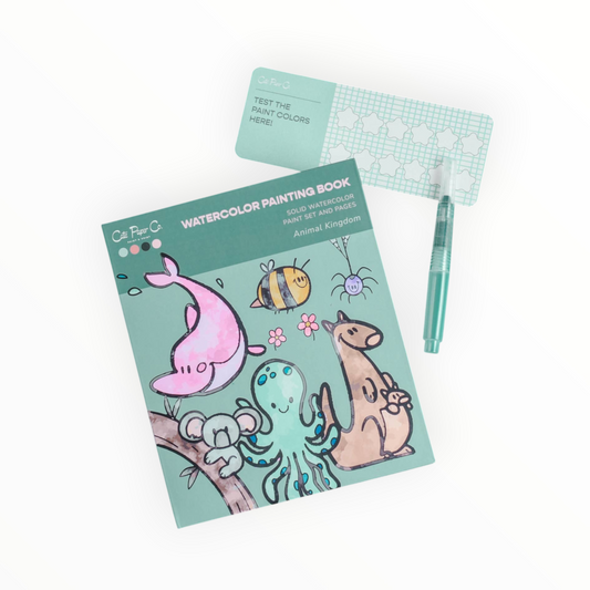 Cate Paper Co. Animal Kingdom Watercolor Painting Book cover with cute animal illustrations and water brush pen