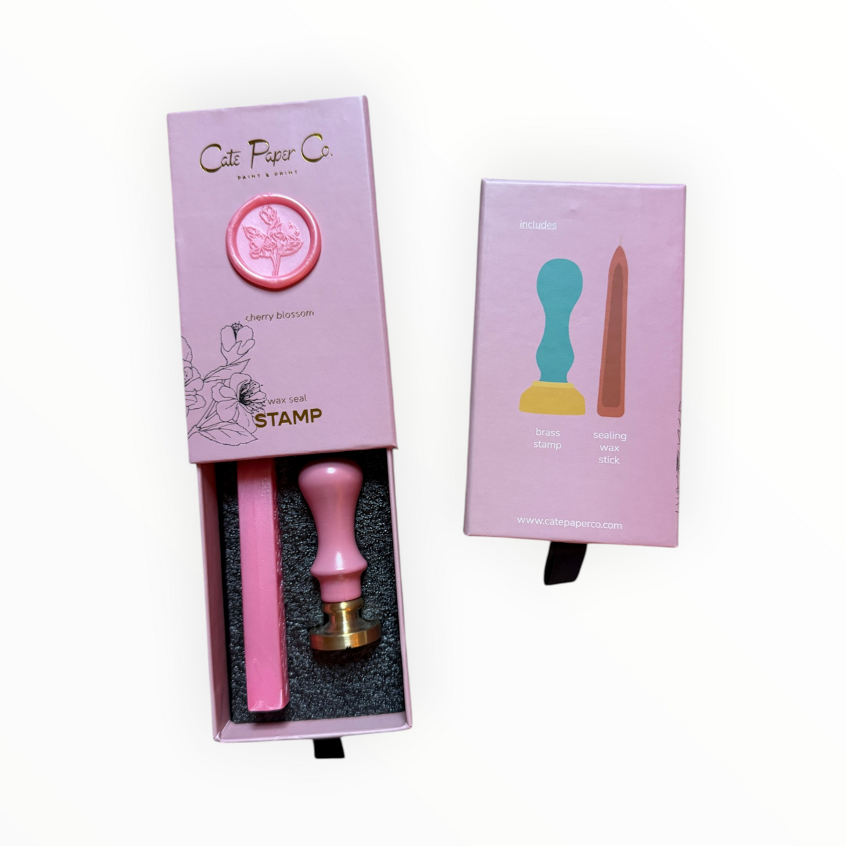 Cate Paper Co. Cherry Blossom wax seal stamp set open box showing brass stamp and wax stick