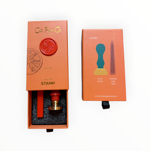 Cate Paper Co. Citrus Fruit wax seal stamp set open box showing brass stamp and wax stick
