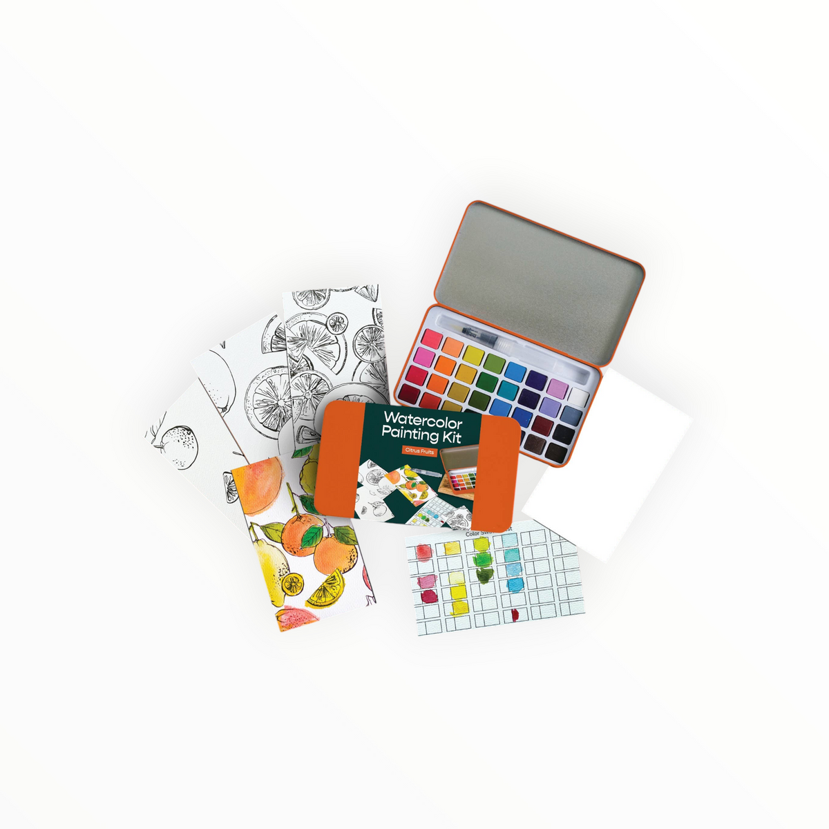 A watercolor painting kit arranged on a white background, including an open metal palette with multiple watercolor pans, a small orange case labeled 'Watercolor Painting Kit,' patterned paper sheets, and a white notebook.