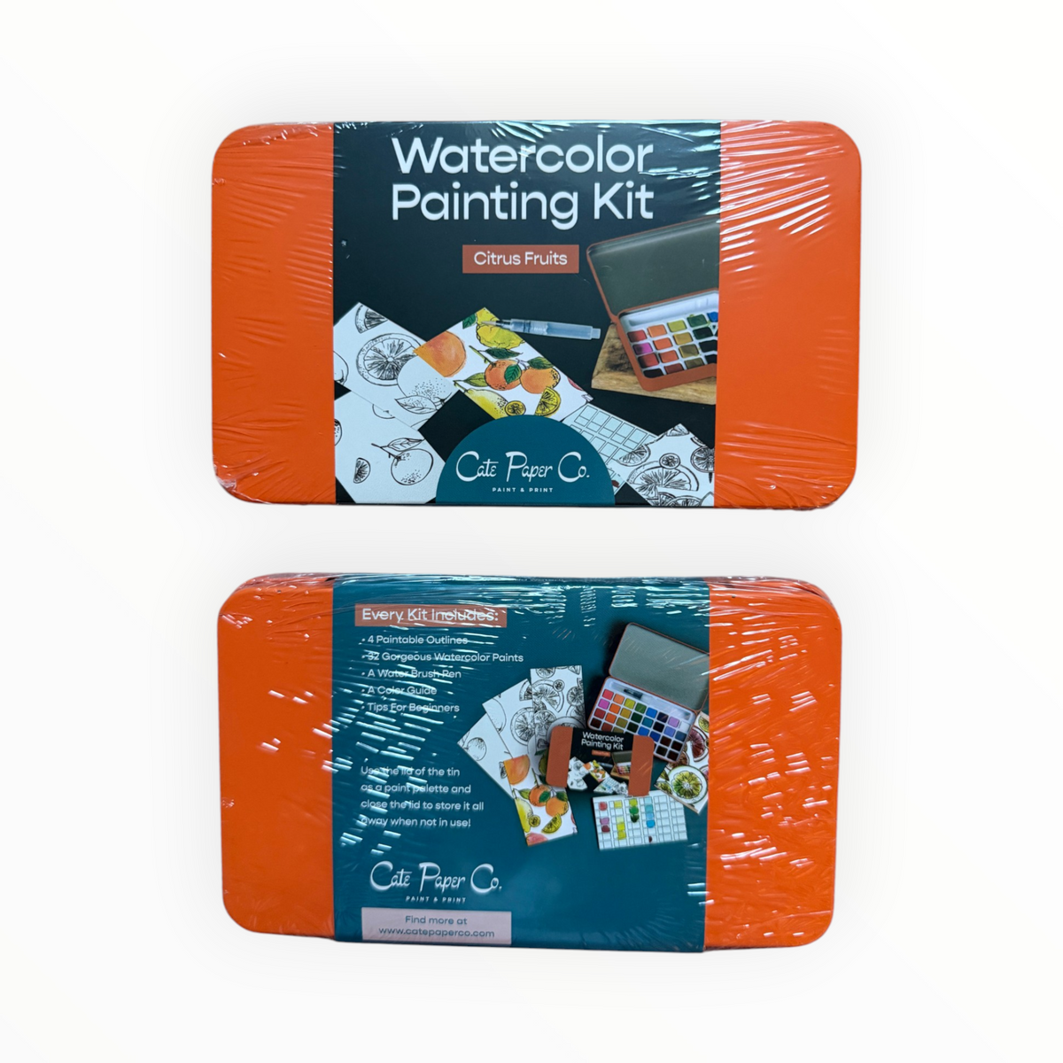 Cate Paper Co. Citrus Fruits Watercolor Painting Kit tin box with paints and watercolor paper outlines 