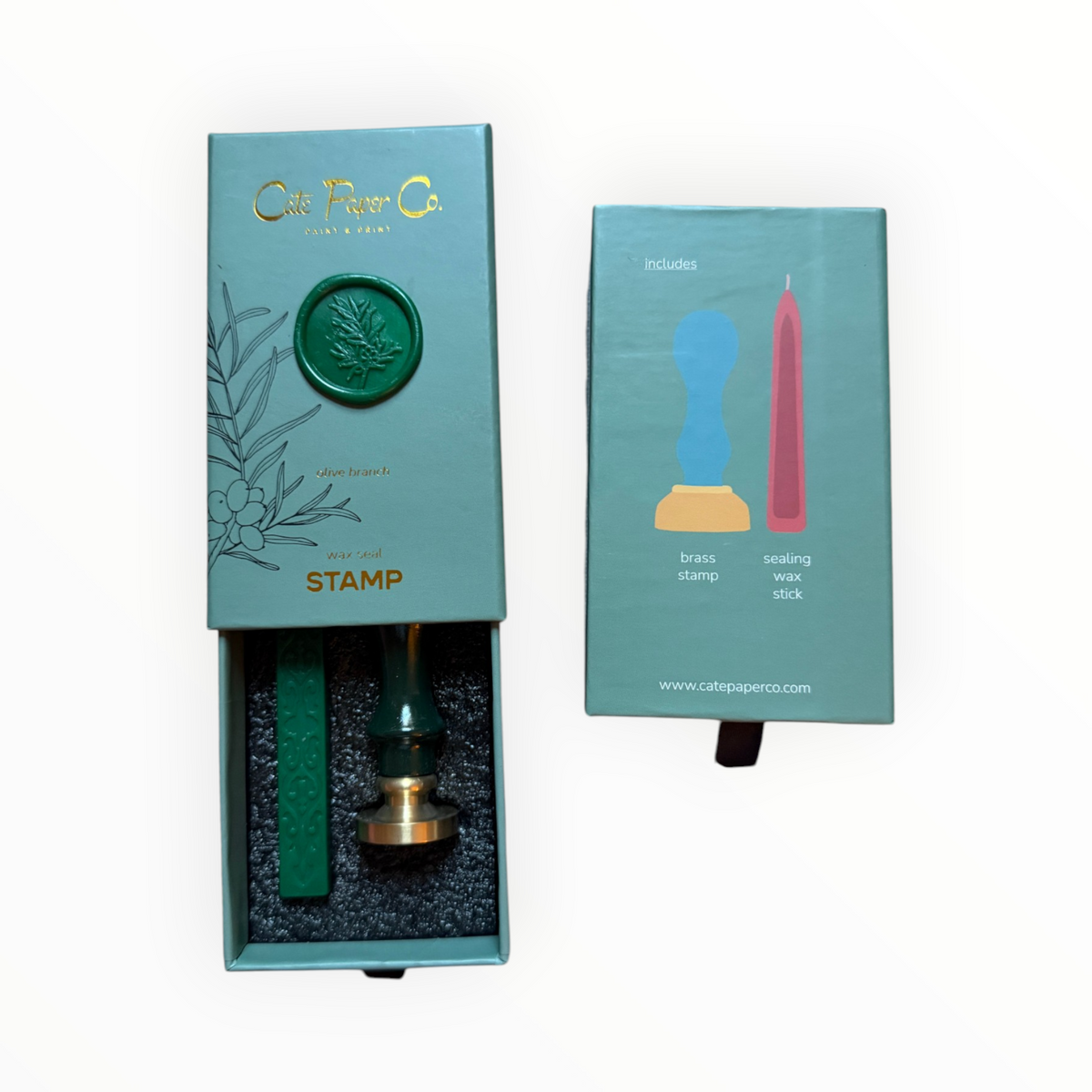 Cate Paper Co. Olive Branch wax seal stamp set open teal box showing brass stamp and green wax stick