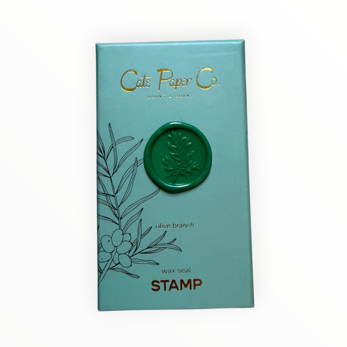 Cate Paper Co. Olive Branch wax seal stamp set closed teal box with olive branch motif wax seal