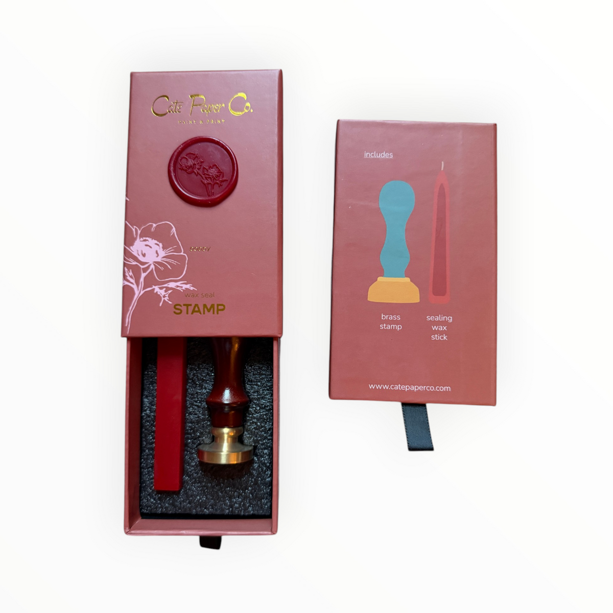 Cate Paper Co. Poppy wax seal stamp set open dusty rose box showing brass stamp and red wax stick