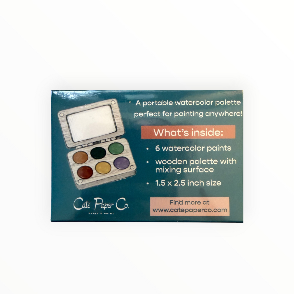 Cate Paper Co. watercolor paint palette in its teal-blue retail box, showing an illustration of the open palette with six watercolor pans and product details