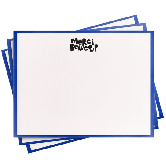 Merci Beaucoup thank you notecards set of 8 by Dahlia Press, letterpress, royal blue envelopes, 4.25 x 5.5 inches