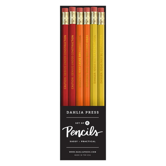 Production Pencils set of 6 by Dahlia Press, Danger Warning Caution themes, red orange and yellow with erasers