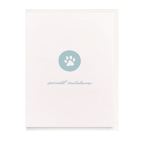 Sincerest Condolences pet loss letterpress card by Dahlia Press, blank interior, off-white envelope, 4.25 x 5.5 inches