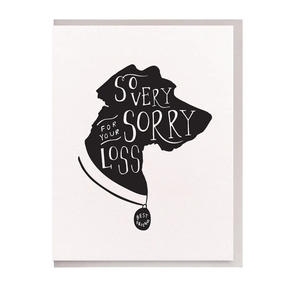 So Very Sorry pet loss sympathy letterpress card by Dahlia Press, blank interior, light gray envelope, 4.25 x 5.5 inches