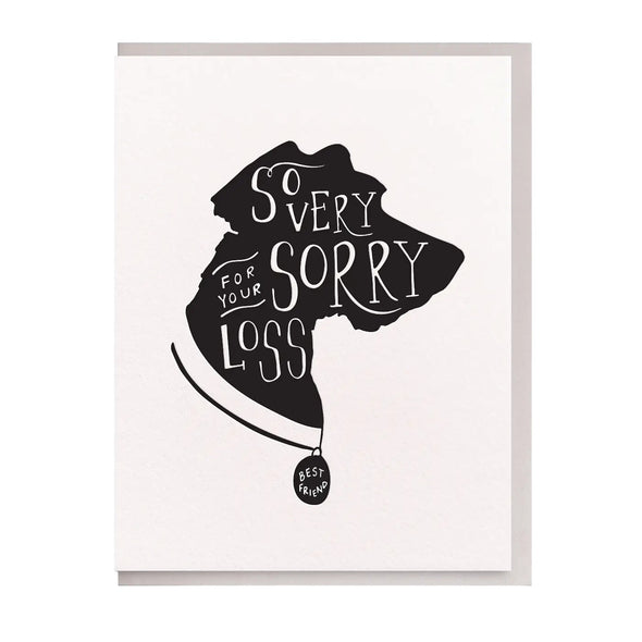 So Very Sorry pet loss sympathy letterpress card by Dahlia Press, blank interior, light gray envelope, 4.25 x 5.5 inches