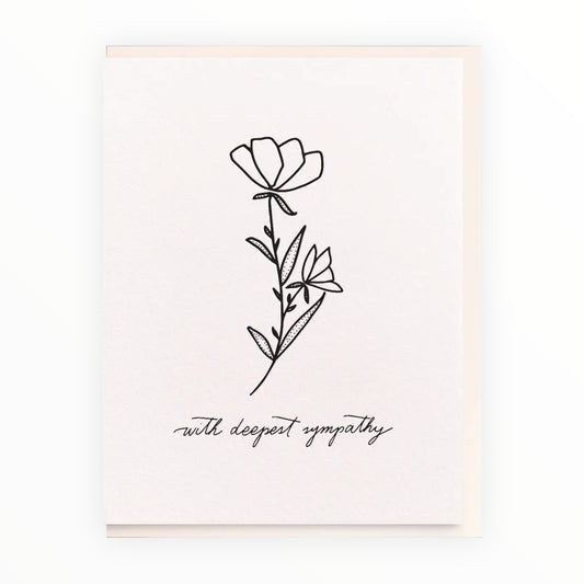 With Deepest Sympathy letterpress card by Dahlia Press, blank interior, light peach envelope, 4.25 x 5.5 inches