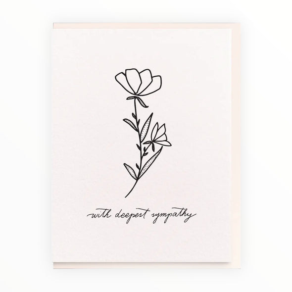 With Deepest Sympathy letterpress card by Dahlia Press, blank interior, light peach envelope, 4.25 x 5.5 inches